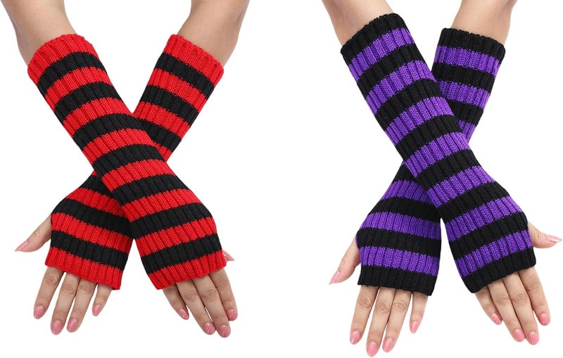 Lauthen.S 2 Pack Y2K Striped Arm Warmers Cute Long Sleeve Fingerless Gloves Gothic Arm Sleeves for Women Costume Accessory - Image 2